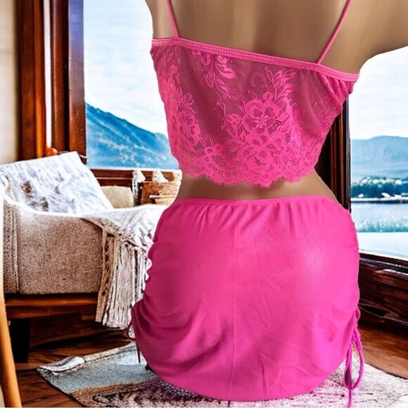 SXY l 2-Piece custom Set l Hot Pink/Black Bralette & Drawstring Skirt l New - Picture 2 of 10